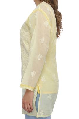 Lemon Embroidered Cotton Chikankari Kurti  3