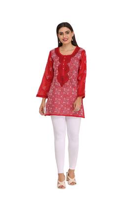 Red Embroidered Cotton Chikankari Kurti  1
