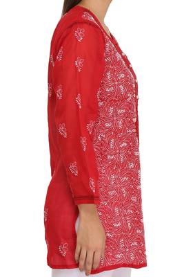 Red Embroidered Cotton Chikankari Kurti  3