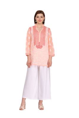 Peach Embroidered Cotton Chikankari Kurti  1