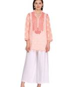 Peach Embroidered Cotton Chikankari Kurti 