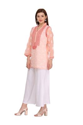 Peach Embroidered Cotton Chikankari Kurti  3