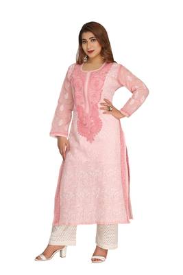 Peach Embroidered Cotton Chikankari Kurti 1