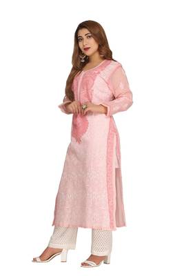 Peach Embroidered Cotton Chikankari Kurti 3