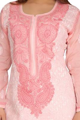 Peach Embroidered Cotton Chikankari Kurti 4