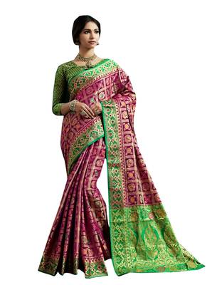 Purple Plain Silk Blend Saree With Blouse 1