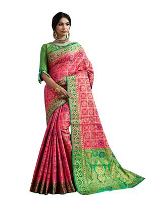 Pink Plain Silk Blend Saree With Blouse 1