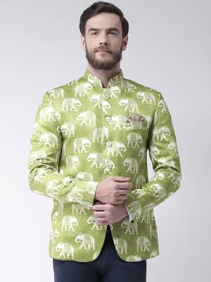 Green Printed Polyester Bandhgala Suit 1