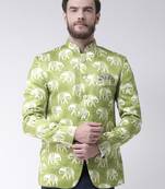 Green Printed Polyester Bandhgala Suit