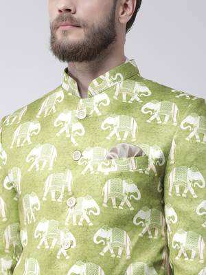 Green Printed Polyester Bandhgala Suit 5