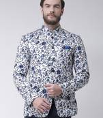 White Printed Polyester Bandhgala Suit