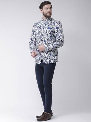 White Printed Polyester Bandhgala Suit 2