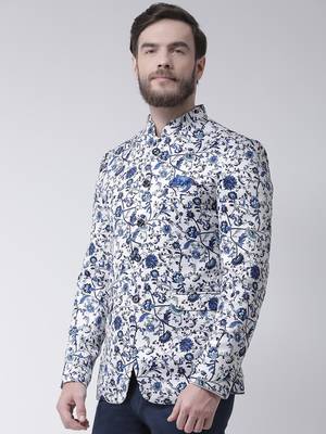 White Printed Polyester Bandhgala Suit 3