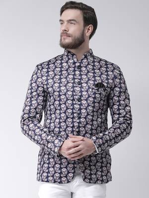 Blue Printed Polyester Bandhgala Suit 1