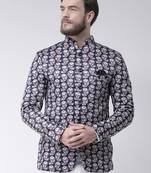 Blue Printed Polyester Bandhgala Suit