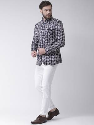 Blue Printed Polyester Bandhgala Suit 2