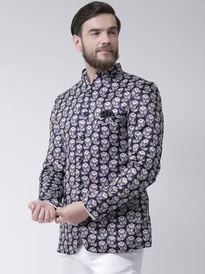 Blue Printed Polyester Bandhgala Suit 3