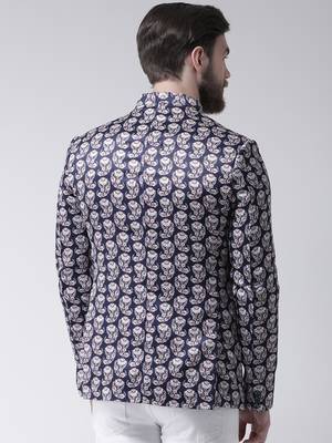 Blue Printed Polyester Bandhgala Suit 4