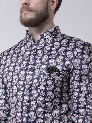Blue Printed Polyester Bandhgala Suit 5