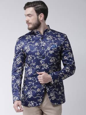 Blue Printed Polyester Bandhgala Suit 1