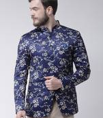 Blue Printed Polyester Bandhgala Suit