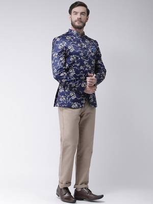Blue Printed Polyester Bandhgala Suit 2