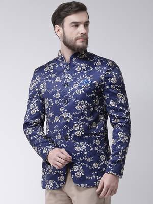 Blue Printed Polyester Bandhgala Suit 3