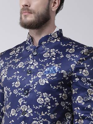 Blue Printed Polyester Bandhgala Suit 5