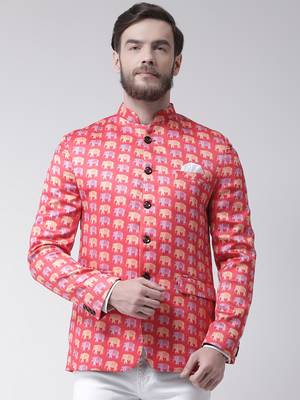 Pink Printed Polyester Bandhgala Suit 1