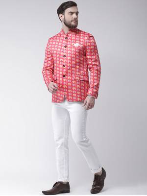 Pink Printed Polyester Bandhgala Suit 2