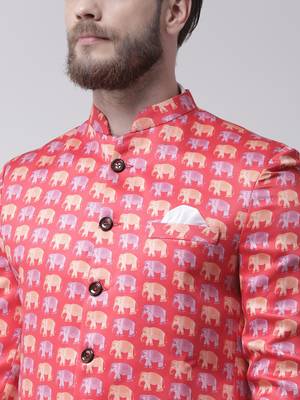 Pink Printed Polyester Bandhgala Suit 5