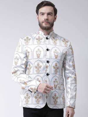 White Printed Polyester Bandhgala Suit 1