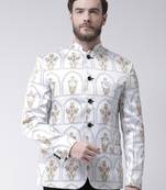 White Printed Polyester Bandhgala Suit