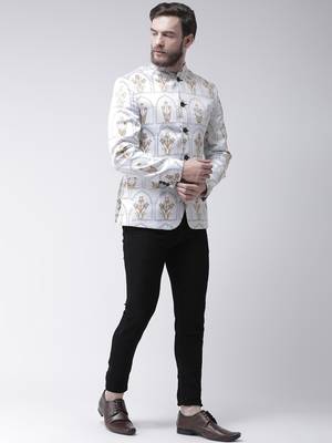 White Printed Polyester Bandhgala Suit 2