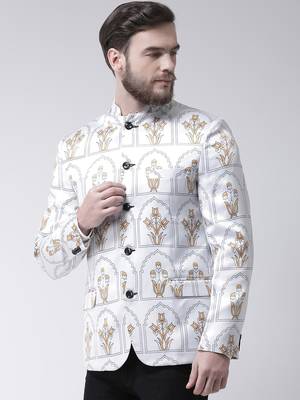 White Printed Polyester Bandhgala Suit 3