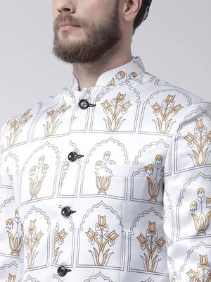 White Printed Polyester Bandhgala Suit 5