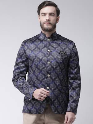 Blue Printed Polyester Bandhgala Suit 1