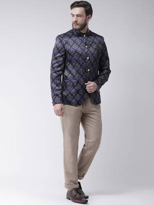 Blue Printed Polyester Bandhgala Suit 2