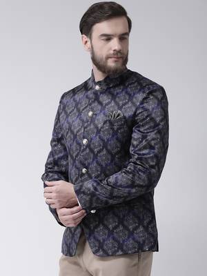 Blue Printed Polyester Bandhgala Suit 3