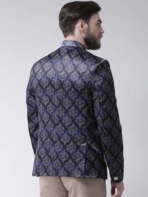 Blue Printed Polyester Bandhgala Suit 4