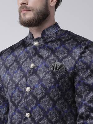 Blue Printed Polyester Bandhgala Suit 5