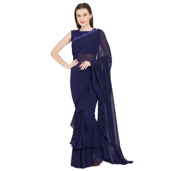 Blue Plain Faux Georgette Ruffle Saree With Blouse 1