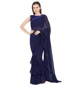 Blue Plain Faux Georgette Ruffle Saree With Blouse