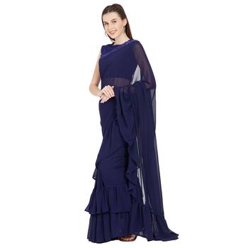 Blue Plain Faux Georgette Ruffle Saree With Blouse 2