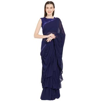 Blue Plain Faux Georgette Ruffle Saree With Blouse 3