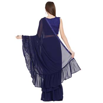 Blue Plain Faux Georgette Ruffle Saree With Blouse 4