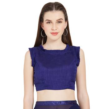 Blue Plain Faux Georgette Ruffle Saree With Blouse 5