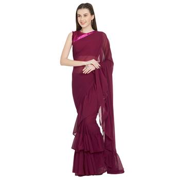 Magenta Plain Faux Georgette Ruffle Saree With Blouse 1