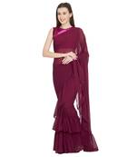Magenta Plain Faux Georgette Ruffle Saree With Blouse