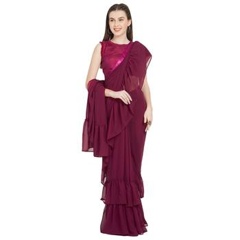 Magenta Plain Faux Georgette Ruffle Saree With Blouse 2